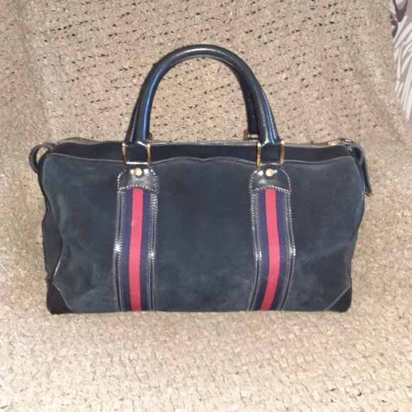 Vintage GUCCI-Boston Bag Shelly Line Black/DK Navy Suede/Leather-Satchel-EX - Picture 5 of 12